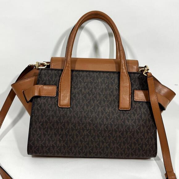 MK Michael Kors Carmen Small Logo and Leather Belted Satchel Handbag Brown - Picture 7 of 11